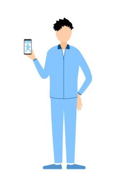  Jersey 'deki adam akıllı telefonuyla poz verip sağlık uygulaması Vector Illustration' ı gösteriyor.