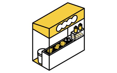 Yakisoba yemek tezgahının Isometric çizgisi çizimi, basit bir yaz festivali ikonu, Vector Illustration
