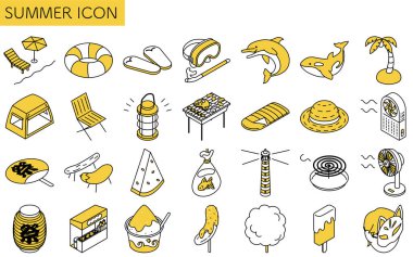 Plaj, kamp ve festival unsurları, Vector Illustration gibi basit yaz simgelerinin Isometric çizgisi çizimi