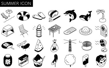 Plaj, kamp ve festival unsurları, siyah beyaz, Vector Illustration gibi basit yaz simgelerinin Isometric çizgisi çizimi