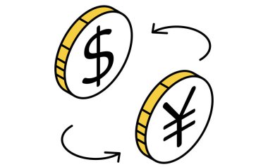 Dolar ve yen arasındaki döviz değişimi basit çizgi çizimi simgesi, önx ticaretinin izometrik illüstrasyonu, Vektör İllüstrasyonu