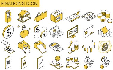 Financial icon set of 28 items, simple line drawing icon, isometric illustration of money, banking, investment, cashless payment, digital finance and savings, Vector Illustration