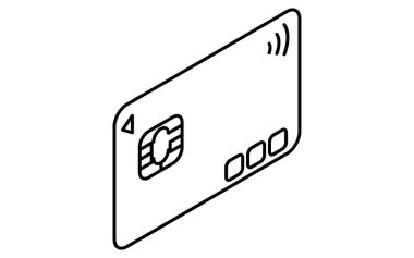 Kredi kartı çizimi simgesi, ödeme yöntemi ve finansmanın izometrik çizimi, siyah ve beyaz, Vektör İllüstrasyonu