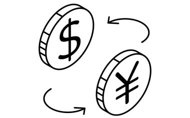 Dolar ve yen arasındaki döviz değişimi basit çizgi çizimi simgesi, önx ticaretinin izometrik çizimi, siyah ve beyaz, Vektör İllüstrasyonu