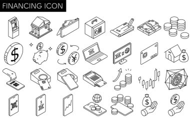 Financial icon set of 28 items, simple line drawing icon, isometric illustration of money, banking, investment, cashless payment, digital finance and savings, black and white, Vector Illustration