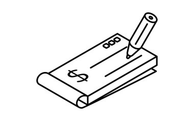 Bir çek defteri çizim simgesi, geleneksel ödeme yöntemi ve mali belgelerin izometrik çizimi, siyah ve beyaz, Vektör İllüstrasyonu