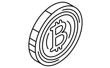 Kriptografik varlıkların basit çizgi çizimi simgesi, dijital para birimi konsepti (izometrik illüstrasyon), siyah ve beyaz, Vektör İllüstrasyonu