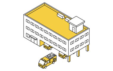 Bir itfaiye istasyonunun ve itfaiye aracının basit bir izometrik stili olan 