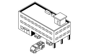 Bir itfaiye istasyonunun ve itfaiye aracının siyah-beyaz, basit bir izometrik şekilde izometrik çizimi, Vector Illustration