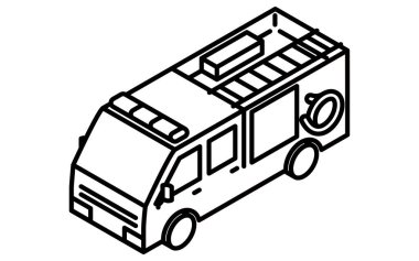 Basit ve minimal bir itfaiye aracının Isometric çizgisi çizimi, siyah beyaz, Vektör İllüzyonu