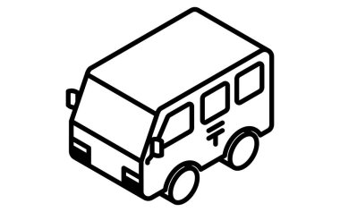 Basit ve minimal tarzda, siyah-beyaz, Vektör İllüzyonu olan bir posta dağıtım kamyonunun Isometric çizgisi çizimi