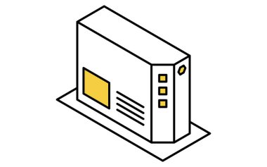 ONU optik ağ birimi izometrik çizgi simgesi fiber optik bağlantı ve gösterge ışıkları, Vektör İllüstrasyonu