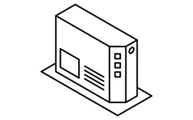 ONU optik ağ birimi izometrik çizgi simgesi fiber optik bağlantı ve gösterge ışıkları, siyah ve beyaz, Vektör İllüstrasyonu