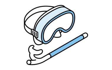 Şnorkel ve dalış maskesinin Isometric çizgisi çizimi, basit deniz sporları kıyafeti, Vektör İllüzyonu