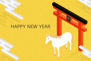 Beyaz bir at ve torii kapısının basit bir izometrik çizimi, 2026 yılının Japon yılbaşı kartı, atın yılı - Çevirisi: Mutlu yıllar, bu yılın atı