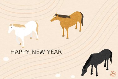 2026 yılı için Japon tarzı yeni yıl kartı, at ve karesansui, basitçe izometrik bir at ve karesansui çizimi - çeviri: