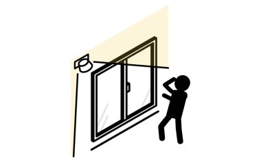 Sensör ışığı, Suç Önleme ve Ev Güvenliği Isometric Simgesi, Vektör İllüstrasyonundan ürkmüş şüpheli kişi