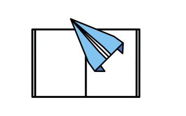 Açık defter ve kağıt uçağın basit çizgi çizimi simgesi, Vektör Resimleri