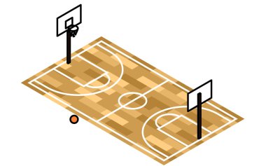 Bir basketbol sahasının basit bir çizgi çiziminin Isometric illüstrasyonu, Vektör İllüstrasyonu