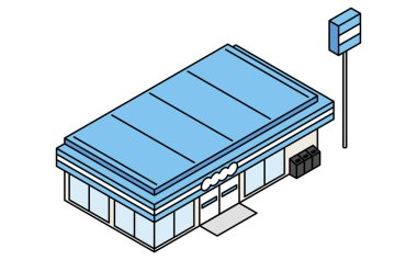 Market, basit çizgi sanatı ile izometrik illüstrasyon, Vektör İllüstrasyonu