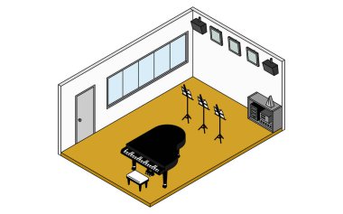 Basit ve şirin izometrik çizim. Okul müzik odasının resimlerini çiziyor. Piyano ve müzik tezgahları var.