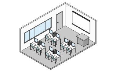Basit ve şirin izometrik çizim, bilgisayarlarla kaplı bir okul bilgisayar laboratuvarının çizimi, Vektör İllüstrasyonu
