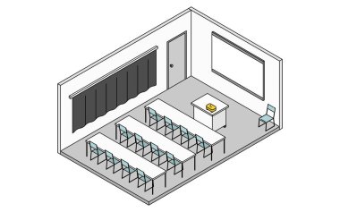 Basit ve şirin izometrik çizgi, büyük ekran ve projektörü olan bir okulun görsel-işitsel odasının çizimi, Vektör İllüstrasyonu