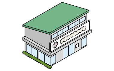 Küçük bir şehir kliniğine giriş ve çıkış tabelaları olan Isome çizgisi sanatı, minimum şehir tıbbi tesisi, Vektör İllüzyonu