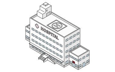 Doktor helikopter pisti ve vektör illüstrasyonu olan bir hastanenin izometrik çizimi.