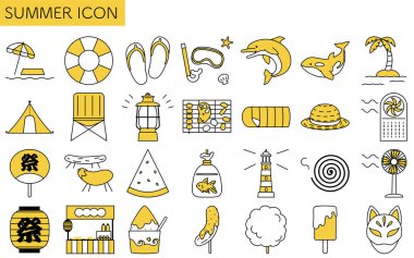  Sahil, kamp ve festival unsurları, Vector Illustration gibi basit yaz simgelerinin çizimi