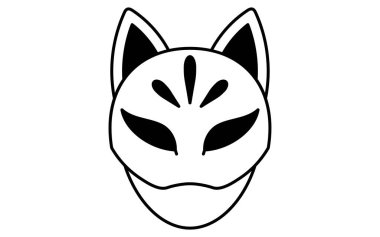  Çizgi sanatı, tilki maskesi takan bir çocuğun basit bir yaz festivali ikonu, siyah beyaz, Vektör İllüzyonu