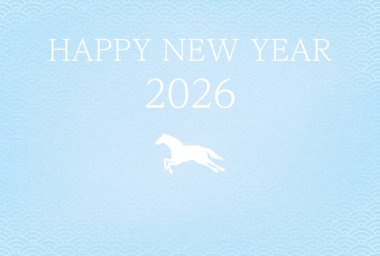 2026 yılı için Japon Yeni Yıl kartı, beyaz at silueti ve 2026 yılı, Japon desenli mavi deniz dalgaları, Vektör İllüzyonu