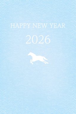 2026 yılı için Japon Yeni Yıl kartı, beyaz at silueti ve 2026 yılı, Japon desenli mavi deniz dalgaları, Vektör İllüzyonu
