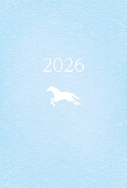 2026 yılı için Japon Yeni Yıl kartı, beyaz at silueti ve 2026 yılı, Japon desenli mavi deniz dalgaları, Vektör İllüzyonu