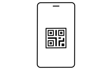 QR kodunu gösteren akıllı telefon basit çizgi çizim simgesi, dijital ödeme ve kimlik doğrulaması, Vektör İllüstrasyonu