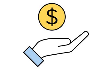 El ele tutuşan dolar sikkesi basit çizim simgesi, kişisel finans ve tasarruf illüstrasyonu, Vektör İllüstrasyonu