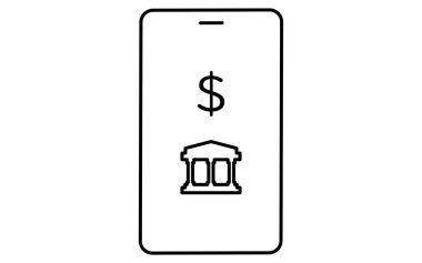 Akıllı telefon bankacılık uygulaması basit çizgi çizimi simgesi, çevrimiçi bankacılık ve dijital finans illüstrasyonu, siyah ve beyaz, Vektör İllüstrasyonu