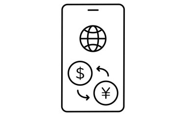 Yabancı para aktarımı için akıllı telefon uygulaması basit çizgi çizim simgesi, uluslararası finans illüstrasyonu, siyah beyaz, Vektör İllüstrasyonu