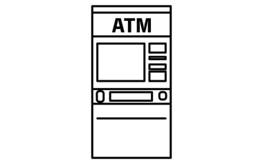 ATM makinesi basit çizgi çizim simgesi, finansal UI ve bankacılık tasarımı için otomatik veznedar makinesinin çizimi, siyah ve beyaz, Vektör İllüstrasyonu