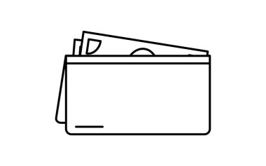 Kağıt faturalı cüzdan basit çizgi çizim simgesi, kişisel finans ve nakit yönetimi illüstrasyonu, siyah ve beyaz, Vektör İllüzyonu