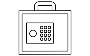 Taşınabilir para kutusu, 10 anahtarlı kasa, basit çizgi çizim simgesi, perakende ve finans için güvenli para depolama illüstrasyonu, siyah ve beyaz, Vektör İllüstrasyonu