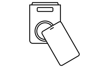 Akıllı telefon dinlemesi nakitsiz ödeme hattı çizim simgesi, mobil NFC aktarımı, siyah ve beyaz, Vektör Resimleri