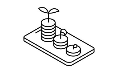 Akıllı telefonun yatırım birikimleri ve servet birikimi yoluyla varlık büyümesi imajına sahip Fintech simgesi, siyah ve beyaz, Vektör İllüstrasyonu