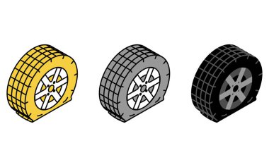 Patlak lastik, patlak lastik, ayrıntılı lastik, perspektif olarak gösterilen hasarlı tekerlek, basit çizgi çizimi, vektör çizimi