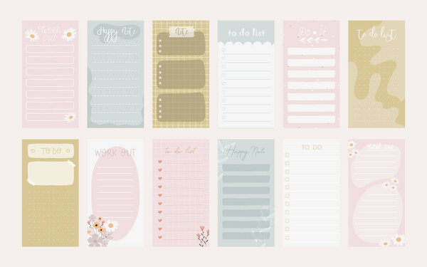 Collection of weekly or daily planners, note paper, to do lists, sticker templates decorated with cute cosmetic illustrations and trendy lettering. Fashion planner or organizer. Vector stock graphic.