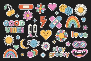 Retro 70s hippie stickers, groovy elements. Cartoon funky flowers, rainbow, vintage hippy style element vector set. Stock vector graphics. flowers, rainbow, heart, emotions. Colorful retro elements. clipart