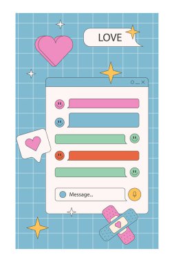 Hoş nostaljik 90 'lar buhar dalgası iletisi ve hikaye şablonu. Eski bilgisayar estetiği olan sosyal medya hikayeleri ve gönderileri vektör stoğu seti. Eski moda soyut arayüzün gösterimi.