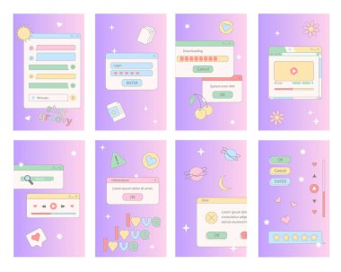 Sosyal medya için bir dizi buhar dalgası fütüristik lofi şablonu. 80 'lerin estetik kare geçmişleri, eski bilgisayar arayüzü, diyalog penceresi ve nostaljik öğeleri. Vektör illüstrasyonu