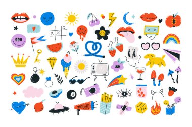 70 'lerin hippi çıkartmaları, havalı elementler. Çizgi film funky çiçekler, gökkuşağı, klasik hippi tarzı element vektörü seti. Hisse vektör grafikleri. çiçekler, gökkuşağı, kalp, duygular