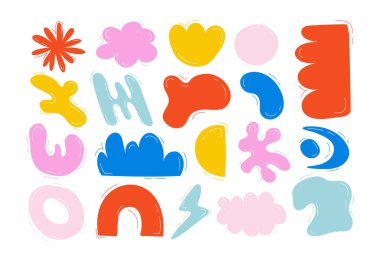 Farklı şekiller ve karalamalar çizilmiş. Soyut modern trend vektör stok çizimi. Desen ve tasarım için soyutlama. Düz dizayn, el çizimi karikatür, vektör. 